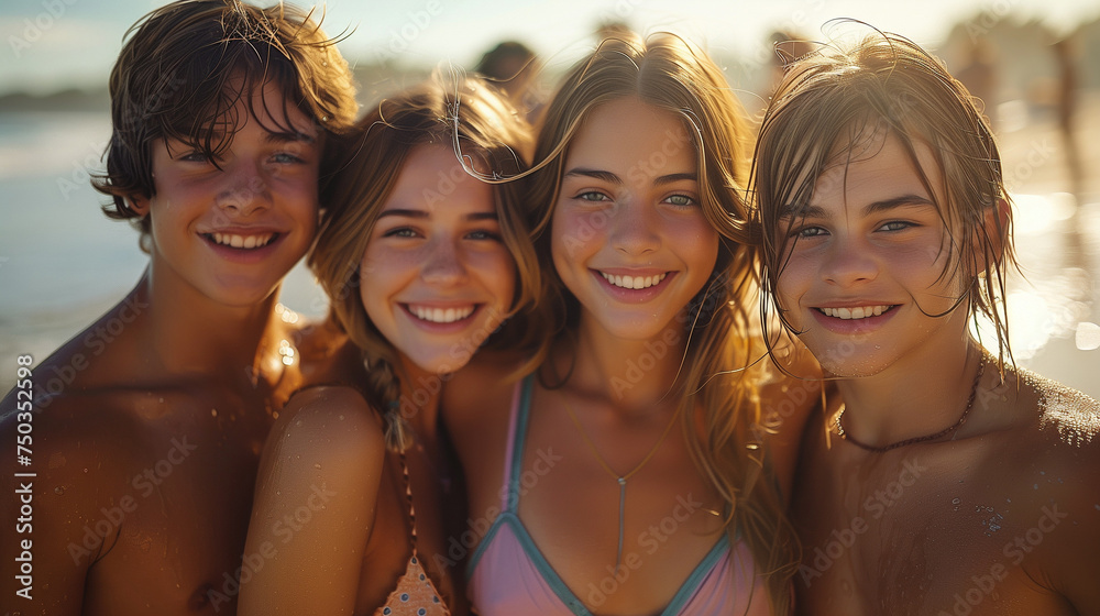 Serene beach huddle, young, handsome, and beautiful, the summer sun casting a glow on their Serene beach huddle, young, handsome, and beautiful, the summer sun casting a glow on their