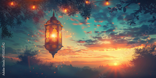 sunset with muslim lamp surrounded by trees, lantern , ramadan kareem, mawlid, iftar, isra miraj, eid al fitr adha, muharram, Modern Islamic holiday banner 