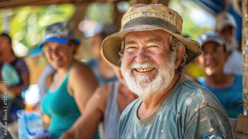 The joy of service radiates from this group of smiling retirees as they help build a community center on their volunteer trip abroad. - obrazy, fototapety, plakaty 