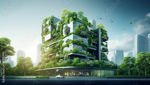 A building with a green roof and trees on it