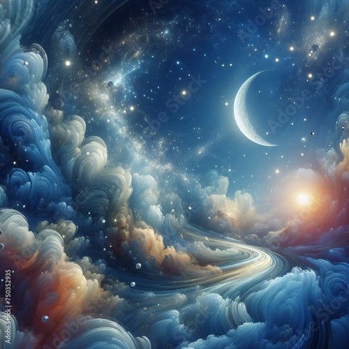 Majestic night sky with twinkling stars and fluffy clouds, perfect for backgrounds and overlays