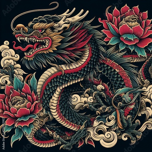 Mystical dragon and blossoming flowers tattoo design illustration with ornate details