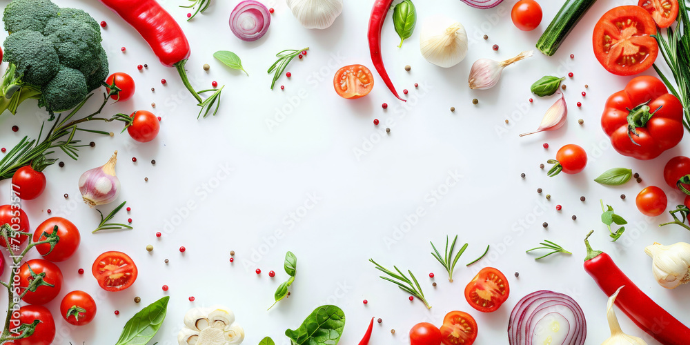 a border of vegetables lying on a white background, fresh vegetables on white space, empty space for text, banner a border of vegetables lying on a white background, fresh vegetables on white space, empty space for text, banner