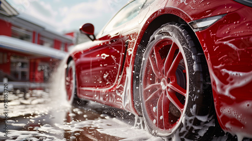 Red car washing in outdoor