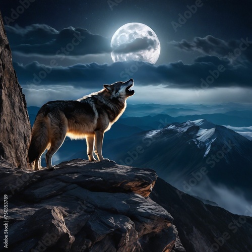 Majestic wolf standing on a rock silhouetted against the full moon
