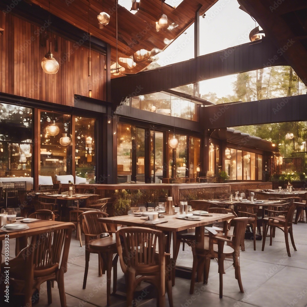 Rustic restaurant interior with wooden tables and chairs creating a cozy ambiance