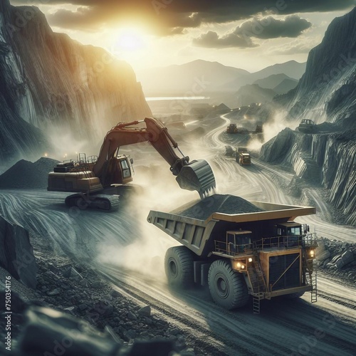 Rugged dump truck traversing steep mountain terrain with determination and strength