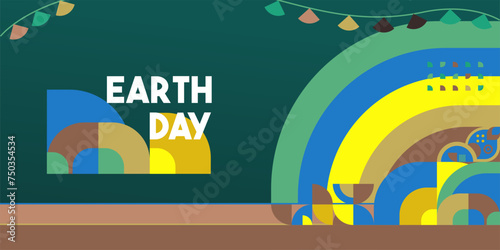 Earth day banner. Modern geometric abstract background in environmental colors for Earth Day. Happy Earth Day vector illustration for awareness together stop using plastic.
