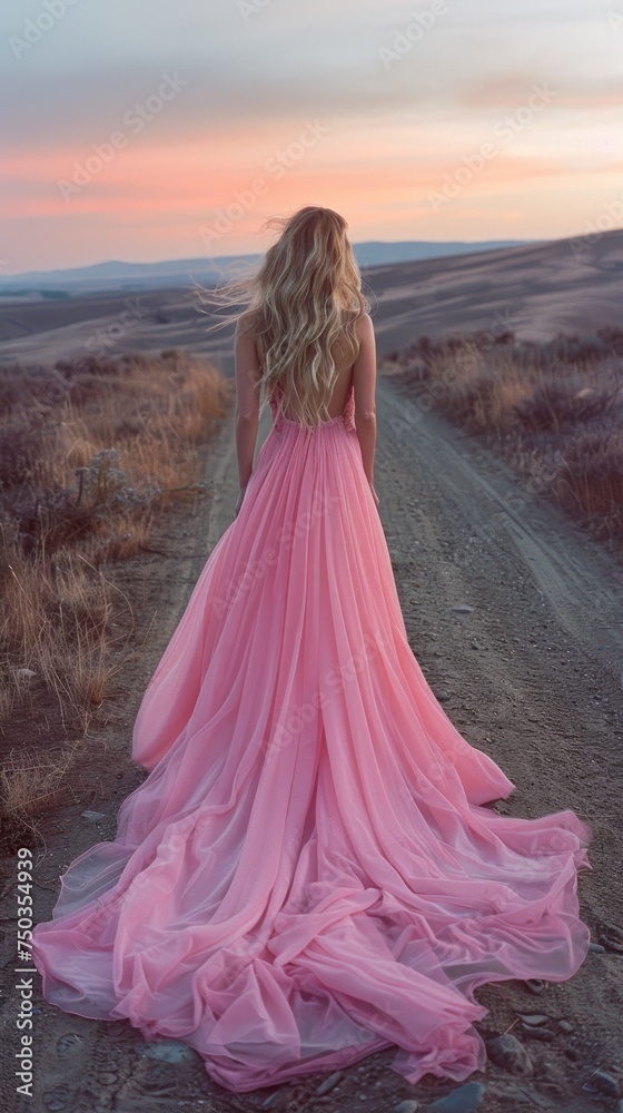 A blonde woman in a flowing pink gown admires the sunset over a rural landscape, exuding romance and serenity