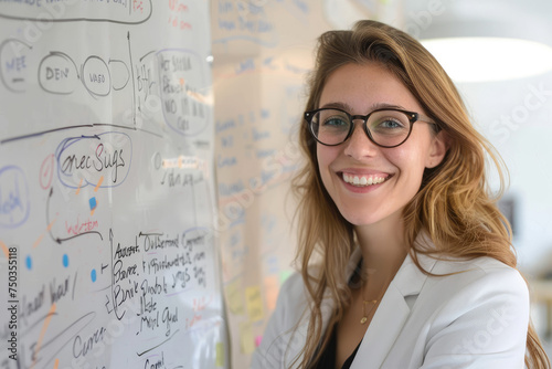 Portrait of Smiling Businesswoman front of whiteboard brainstorming at a creative office