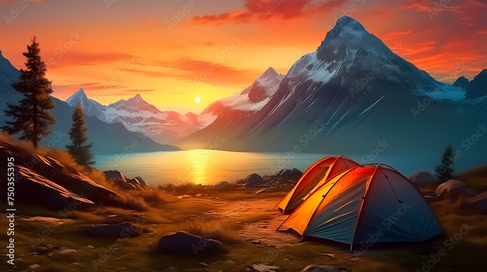 Camping at sunset, view of camping tent in summer evening