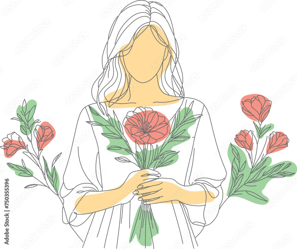 Mother's Day Vector Illustration With Flowers Plants, A drawing of a woman in a dress holding a colorful bouquet of flowers in her hand. International Women's Day, March 8