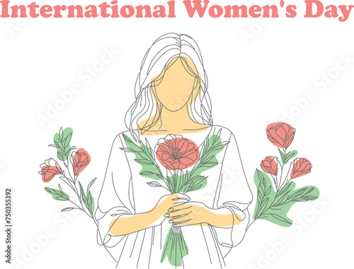 Woman Holding Flowers With International Womens Day, March 8, Mother's Day, white background, elegant design, femininity and nature, isolated