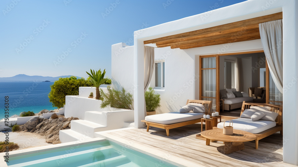 A white villa in minimal style with a sliding open overlooking the bedroom In front of the bedroom is a wooden balcony and swimming pool That overlooks the sea