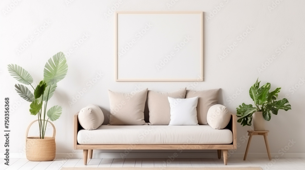 Fototapeta premium beautiful interior design furniture with mockup poster artwork with border frame interior house template for your design clean minimalist style decoration home interior background ideas