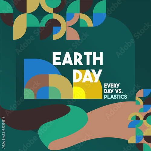 Earth day square banner. Modern geometric abstract background in environmental colors for Earth Day. Happy Earth Day vector illustration for awareness together for stop using plastic.