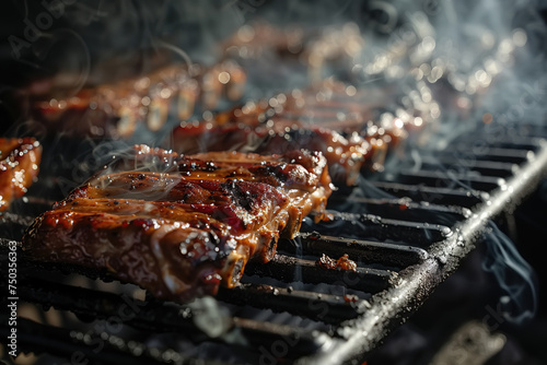 Close-up of meat sizzling on a hot grill. The meat turns golden brown, emitting smoke and a delicious aroma