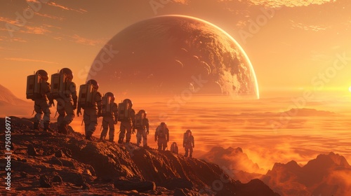 Fototapeta Naklejka Na Ścianę i Meble -  A team of astronauts prepare to land on a new, unknown planet. Discover new planets and go on space exploration missions.