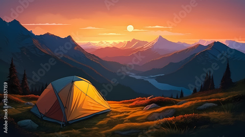 Camping at sunset  view of camping tent in summer evening