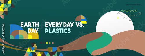 Earth day horizontal banner. Modern geometric abstract background in environmental colors for Earth Day. Happy Earth Day vector illustration for awareness together for stop using plastic