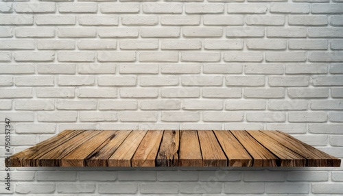 Rustic Charm  Empty Wood Plank Shelf Against White Brick Wall Background