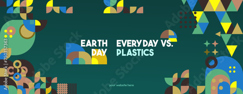 Earth day horizontal banner. Modern geometric abstract background in environmental colors for Earth Day. Happy Earth Day vector illustration for awareness together for stop using plastic