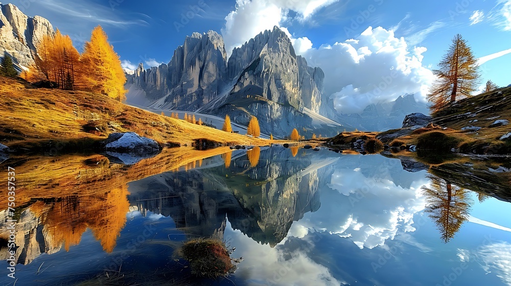 Awesome sunny autumn day in the dolomites reflections in the water - obrazy, fototapety, plakaty 