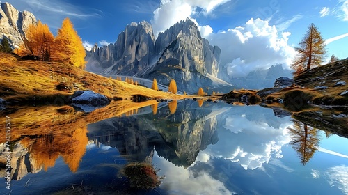 Awesome sunny autumn day in the dolomites reflections in the water