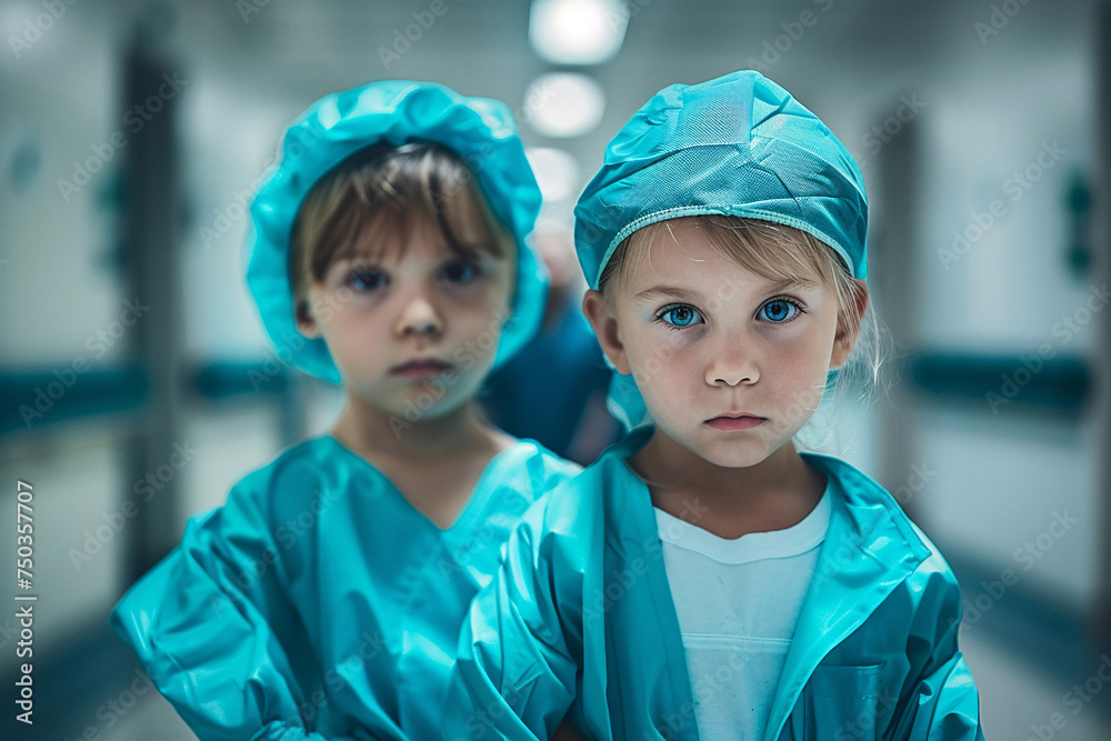 portrait of a kid doctor and nurse, portrait of kid doctor, Kids wearing a doctor and nurse medical gown in a Hospital Background portrait of a kid doctor and nurse, portrait of kid doctor, Kids wearing a doctor and nurse medical gown in a Hospital Background