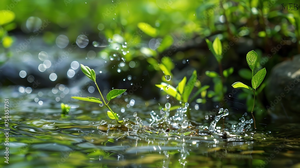 Beautiful spring detailed close up stream of fresh water with young green plants Beautiful spring detailed close up stream of fresh water with young green plants
