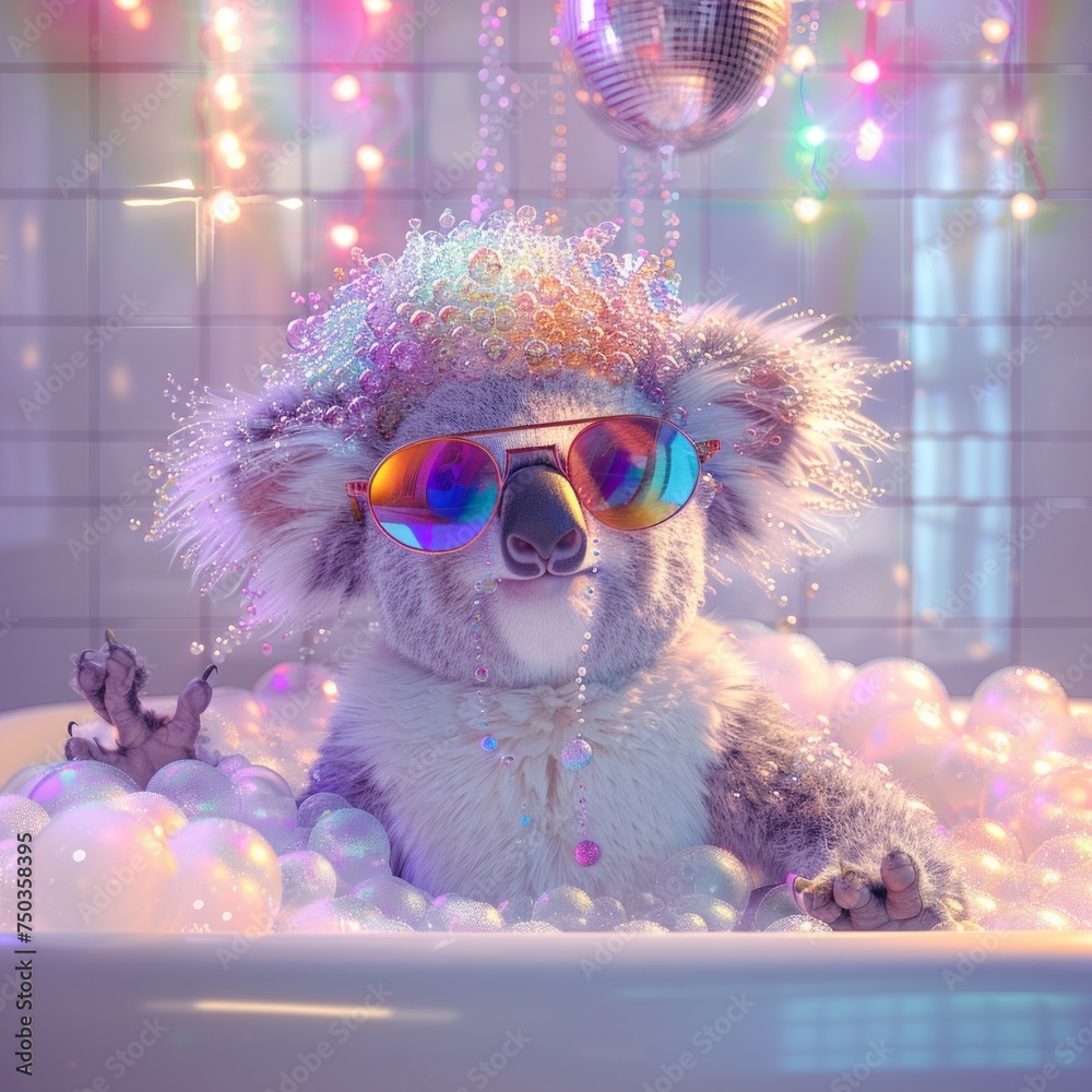 This vibrant image captures a koala in sunglasses, surrounded by colorful bubbles and disco lights, conveying a party vibe