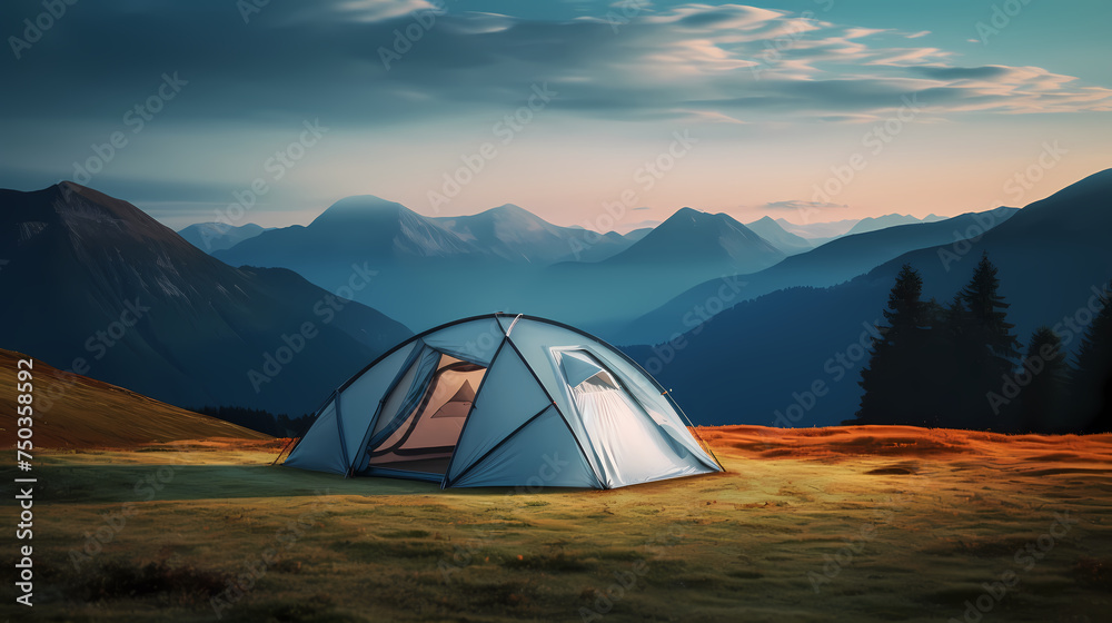 Camping at sunset, view of camping tent in summer evening - obrazy, fototapety, plakaty 