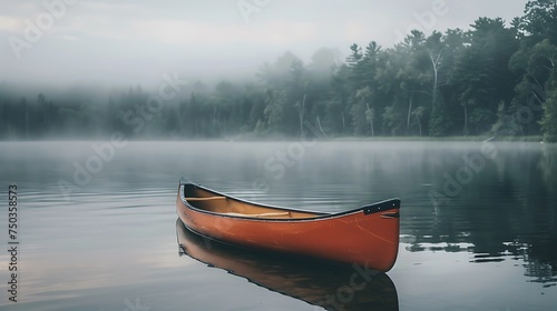 canoe in the water in nature with fog