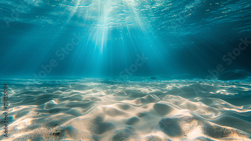 Underwater View with Sunlight Streaming Through Water . Calm underwater landscape with the sun's rays piercing through the clear blue water, creating patterns on the sandy seabed. 