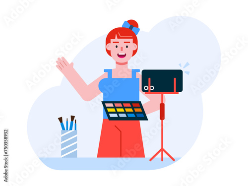 Beauty vlogger giving makeup tutorial. Hobby vector illustration.