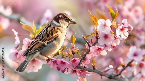 cute sparrow bird in warm spring time on cherry blossom tree branch © James