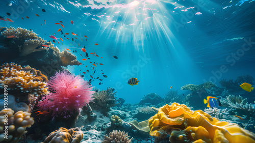 Vibrant Coral Reef Teeming with Marine Life . An underwater oasis of biodiversity, this coral reef bustles with colorful fish, coral formations, and sunrays from above. 