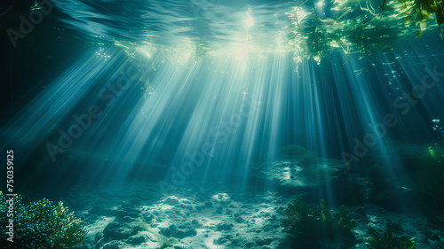 Underwater Paradise with Sunbeams and Coral Reef . Sunlight filters through the water, illuminating an enchanting underwater scene with a vibrant coral reef and fish. 