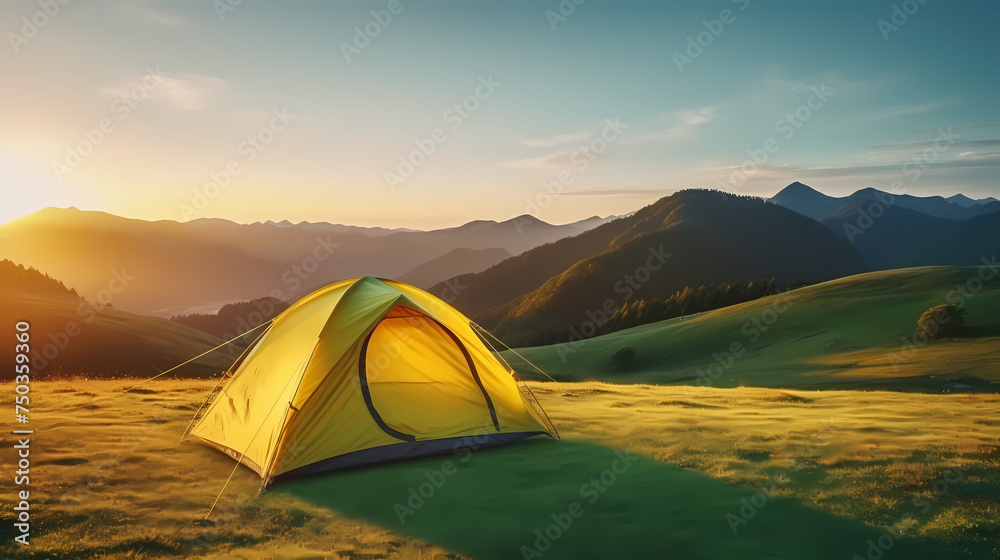 Camping at sunset, view of camping tent in summer evening