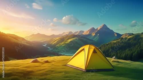 Camping at sunset, view of camping tent in summer evening