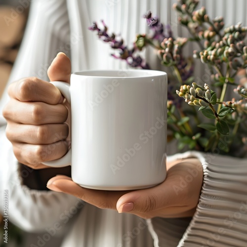 Woman Holding Coffee Mug with Flowers in Comfycore Style photo