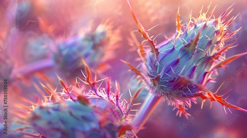 Serene Hues in Thistle: Milk thistle petals captured in extreme macro, displaying serene colors like Golden Sunset. - obrazy, fototapety, plakaty 