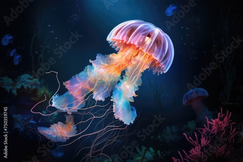 Beautiful jellyfish in the aquarium, Beautiful jellyfish swimming in the water. Underwater world, Jellyfish in the aquarium, Ai generated
