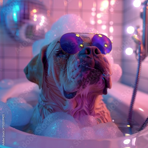Dog with sunglasses in a bathtub, neon lights casting a relaxing and stylish ambience