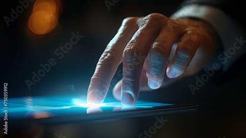 A close-up shot captures the subtle interaction between human and technology, as fingertips gracefully navigate a touchscreen, bridging the gap between the digital and physical realms. 