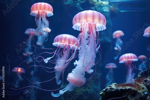 Beautiful jellyfish in the aquarium, Beautiful jellyfish, medusa in the neon light with the fishes. Aquarium with blue jellyfish and lots of fish,Ai generated © Tanu