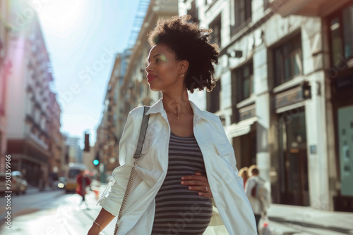 Young attractive pregnant woman in designer clothes walking through the city street