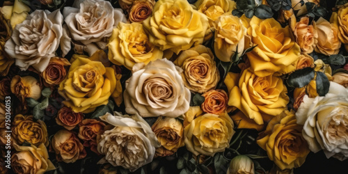 Bouquet of yellow and beige roses, top view. Flowers Wall. Beautiful Floral background for greeting card and banner design for Birthday, Wedding, Mother's day, Woman's day