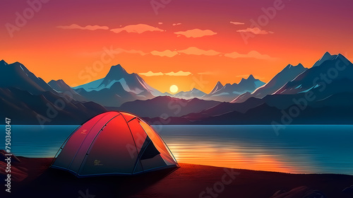 Camping at sunset, view of camping tent in summer evening photo