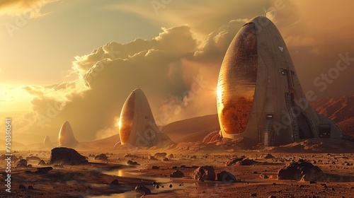 base on mars Animated concept of a Mars base for habitation and colonization of the planet. photo
